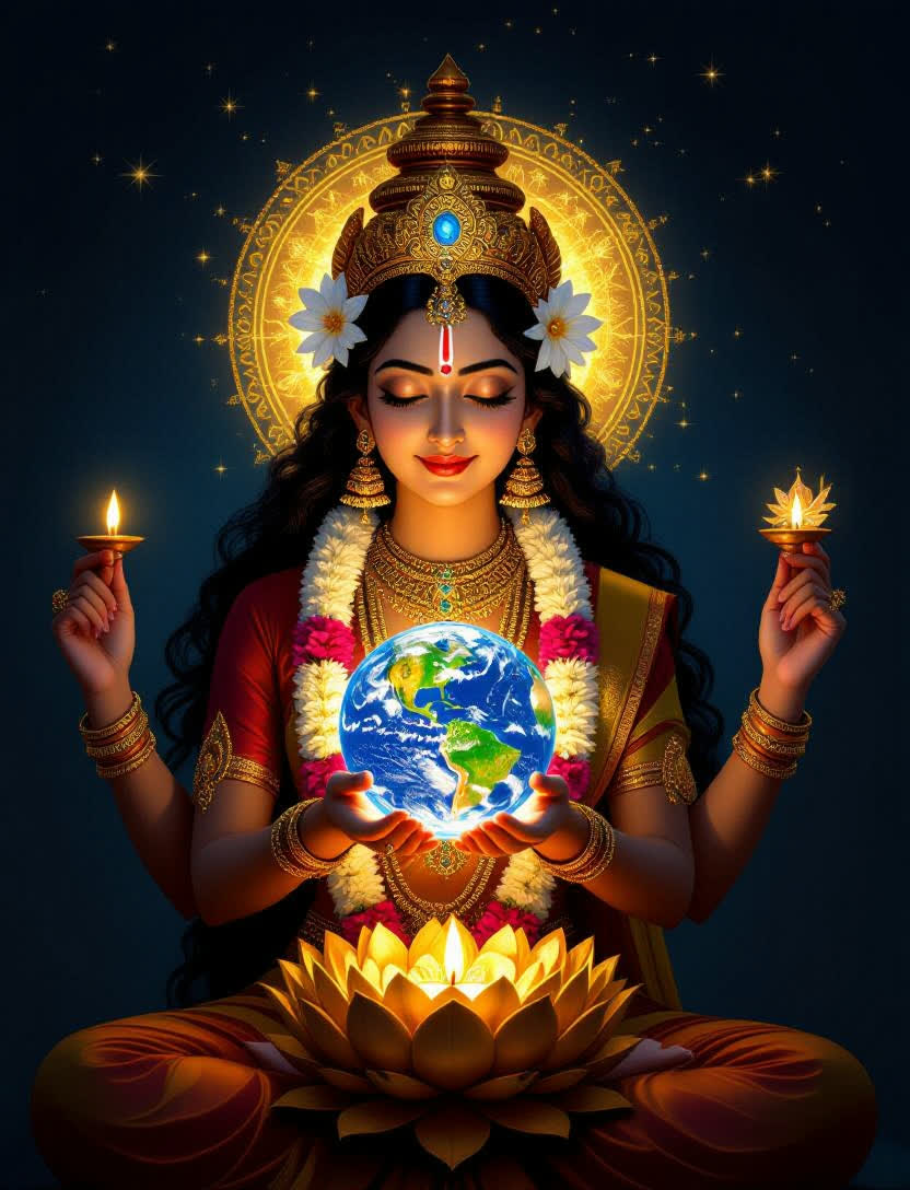 Mahālakṣmī, abundance herself, holding the Earth