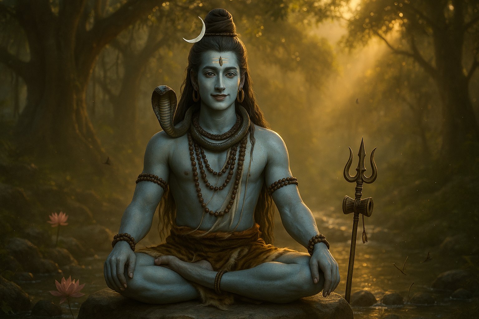 Lord Shiva seated in calm meditation by a flowing forest stream at golden hour