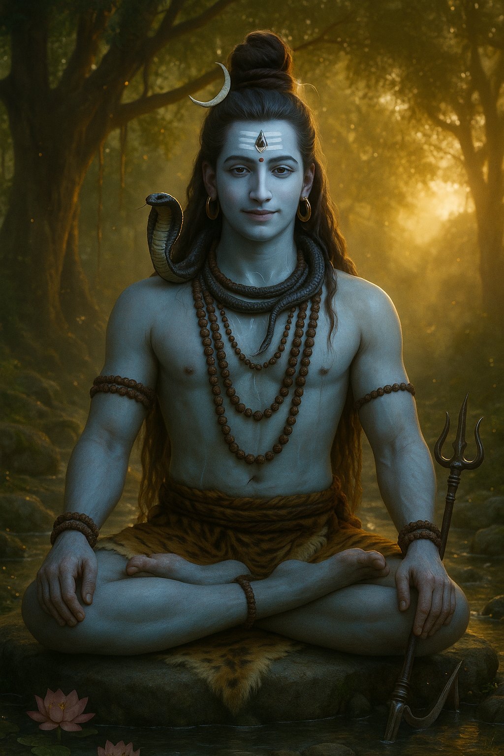 Lord Shiva seated in calm meditation by a flowing forest stream